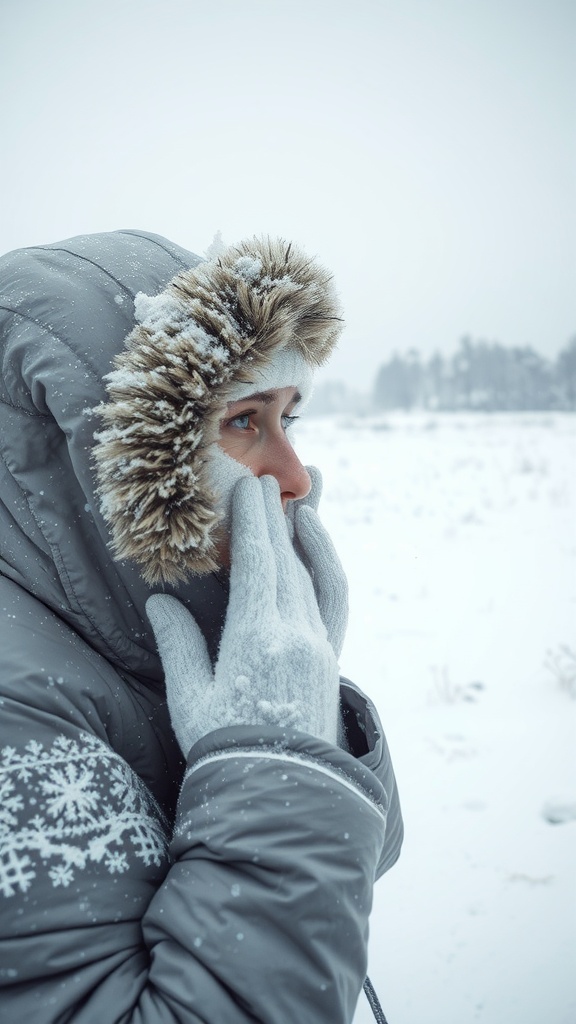 A person in a winter coat with a fur hood and gloves, feeling the cold in a snowy landscape.