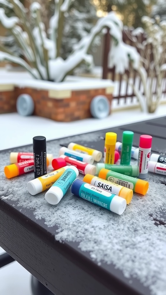 A variety of colorful lip balms scattered on a snowy surface.