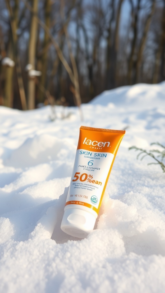A tube of sunscreen in the snow, highlighting the importance of sun protection in winter.