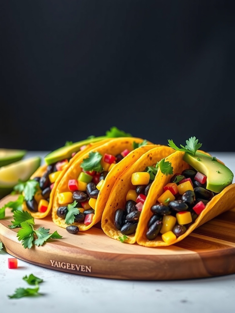Colorful black bean and corn tacos on a wooden platter, garnished with cilantro and avocado.