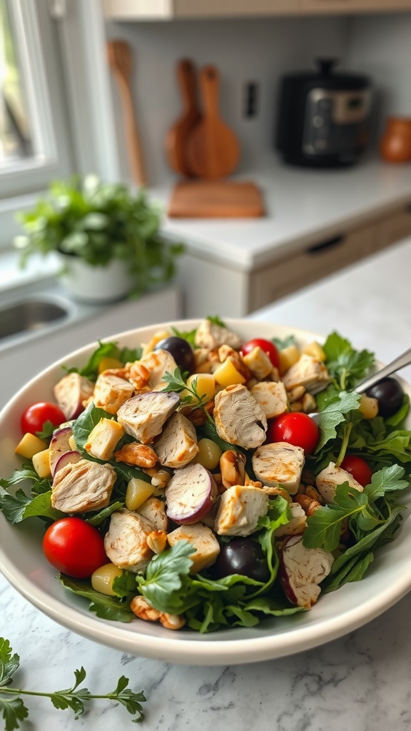 A bowl of chicken salad with greens, cherry tomatoes, and nuts.