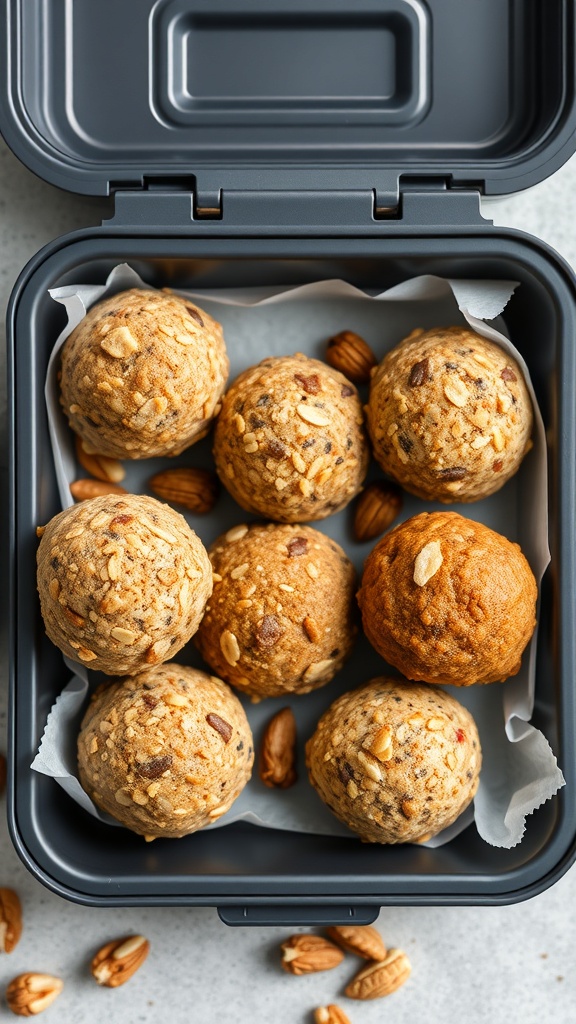 A lunchbox filled with protein-packed energy balls made from oats and nuts.