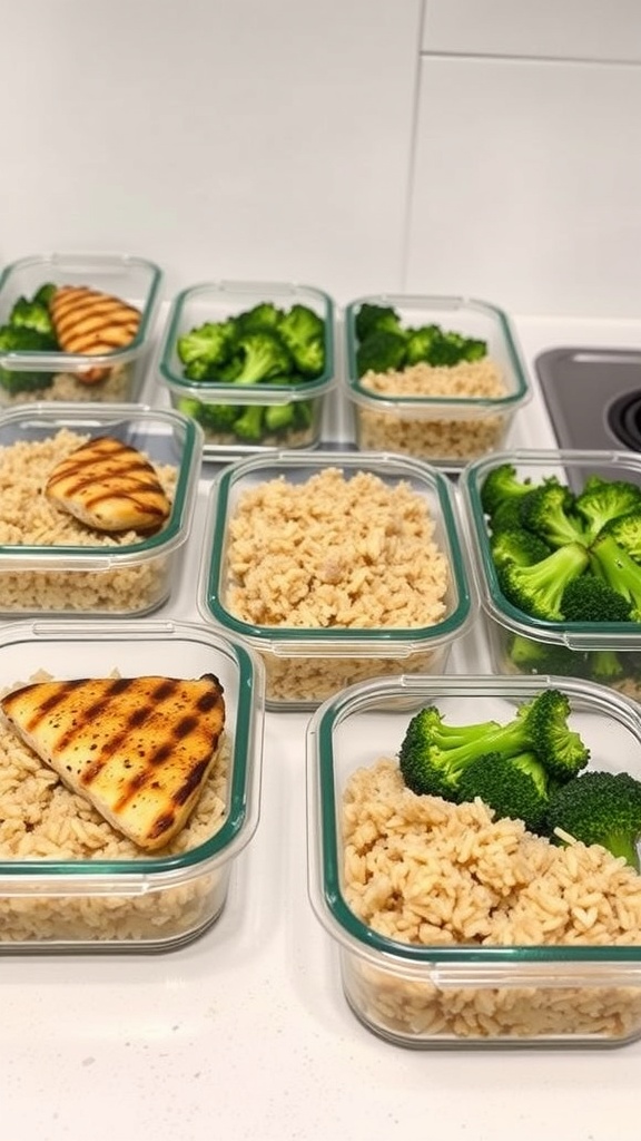 Meal prep containers filled with grilled chicken, brown rice, and broccoli.