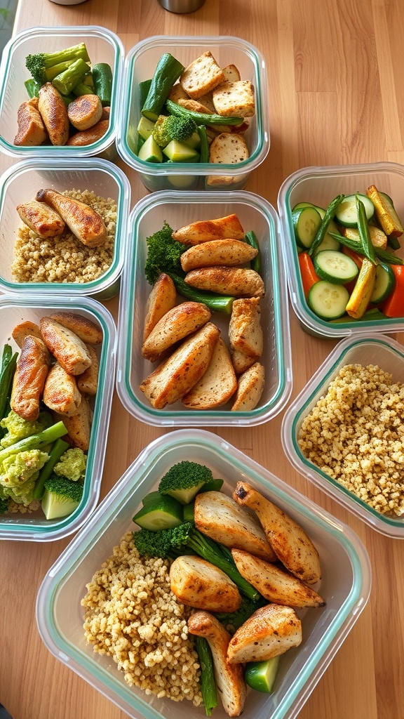 A variety of protein-packed meal prep containers with chicken, quinoa, and vegetables.