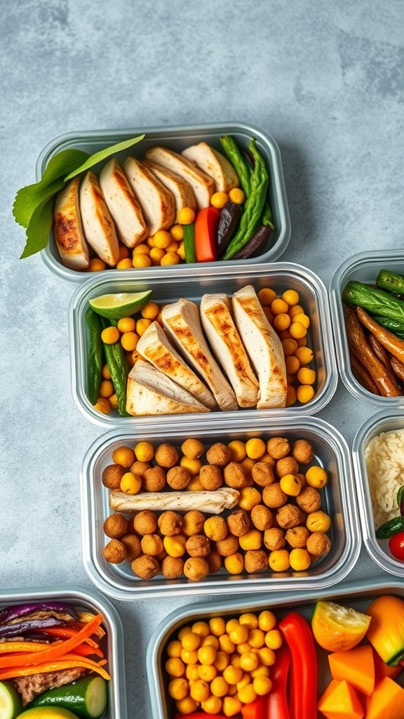 Colorful meal prep containers filled with grilled chicken, vegetables, and quinoa.