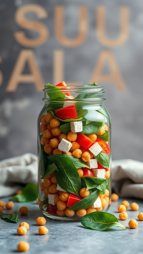 A mason jar filled with a colorful salad featuring chickpeas, spinach, and bell peppers.