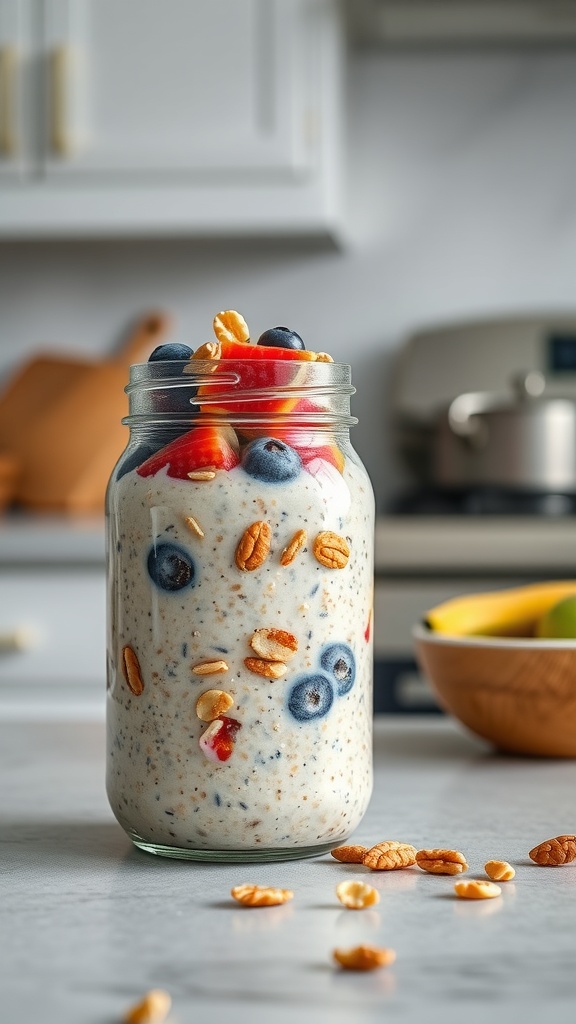 A jar of protein-packed overnight oats with nuts and fruit, ready for breakfast.