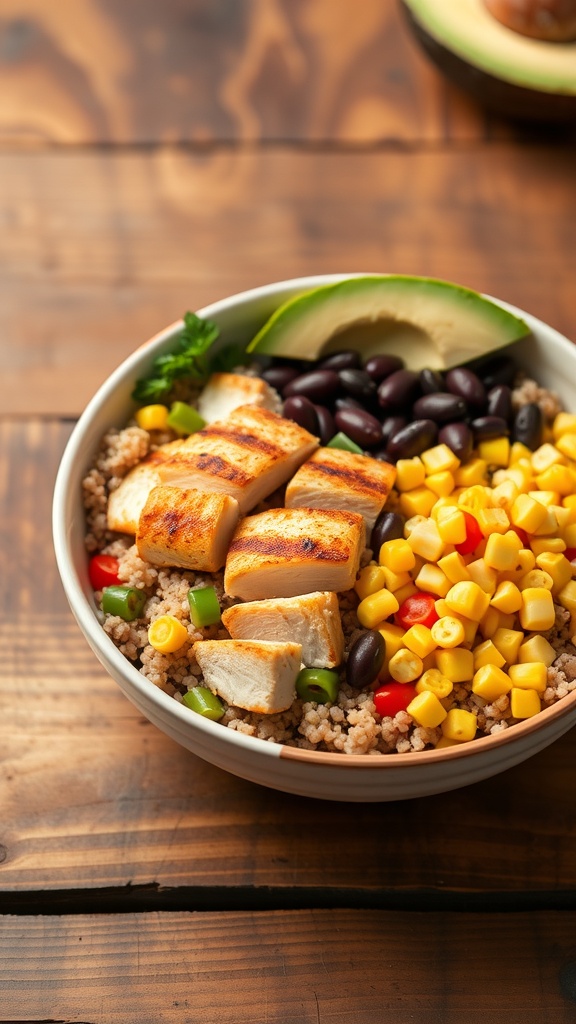 A colorful quinoa bowl with grilled chicken, black beans, corn, and diced bell peppers, garnished with avocado and cilantro.