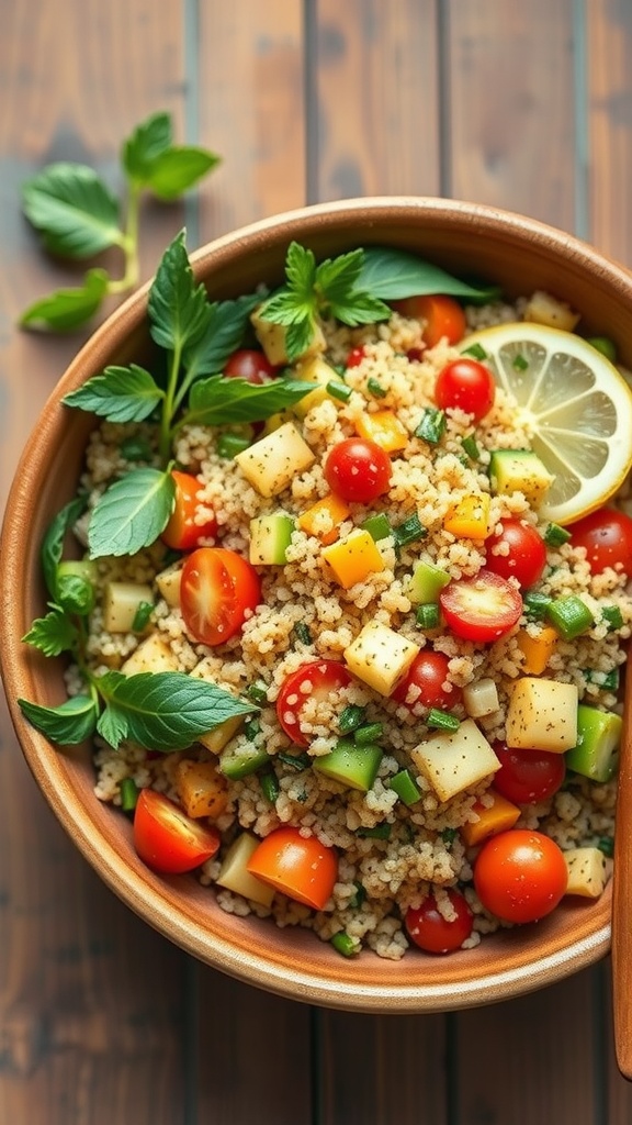 A vibrant quinoa salad with cherry tomatoes, cucumbers, and herbs.