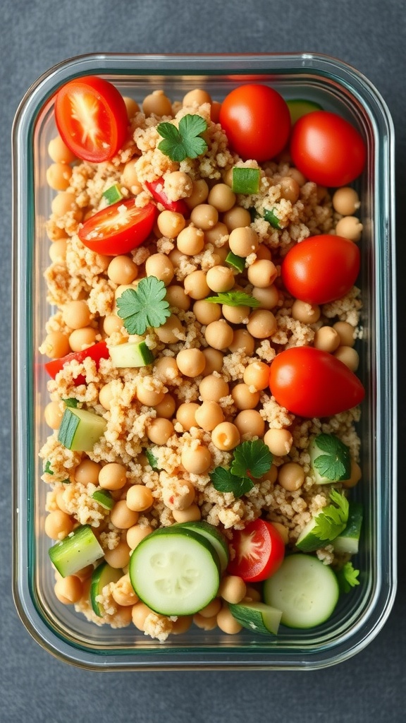A colorful protein-packed quinoa salad with chickpeas, cherry tomatoes, cucumber, and cilantro in a glass meal prep container.