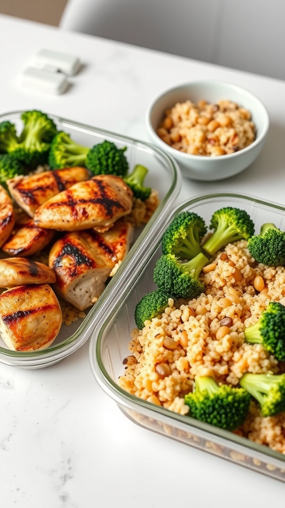 Meal prep containers with grilled chicken, couscous, and broccoli