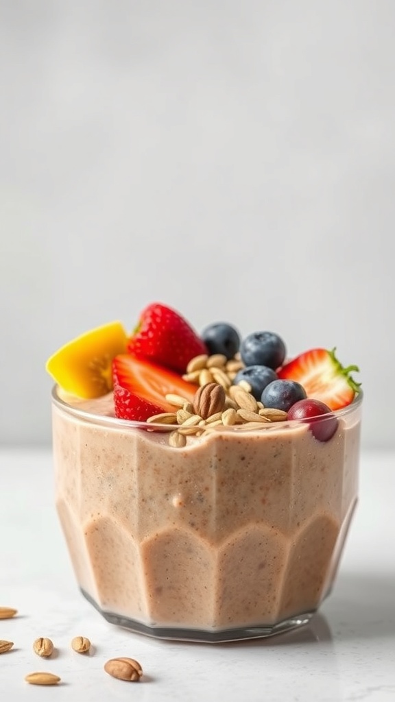 A protein-packed smoothie bowl topped with fresh fruits and nuts.