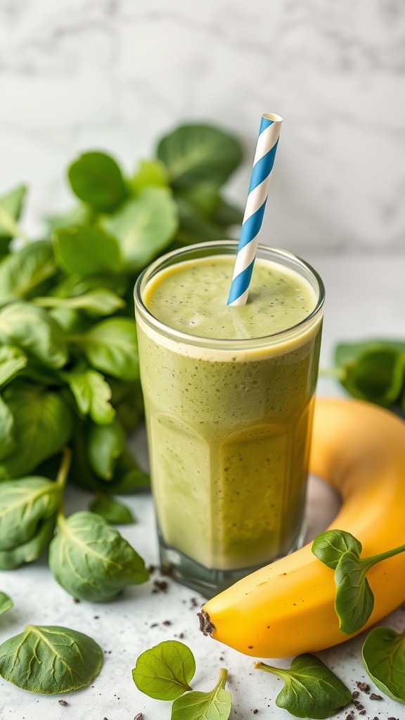 A refreshing green smoothie made with spinach and banana, served in a glass with a blue straw, surrounded by fresh spinach leaves.