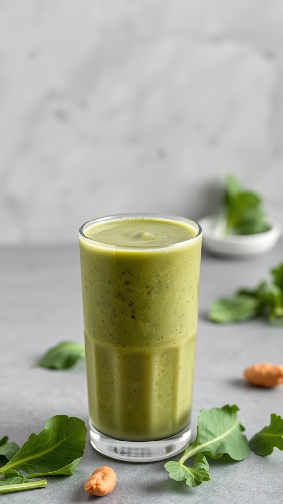 A green smoothie in a glass with spinach leaves and peanuts around it.
