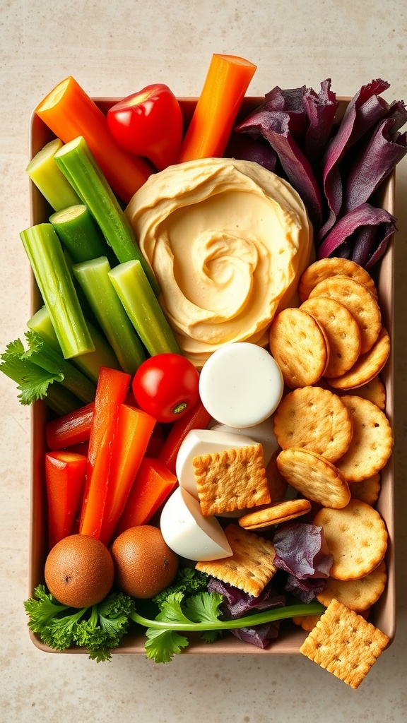 A colorful assortment of snacks including vegetables, hummus, cheese, and crackers.