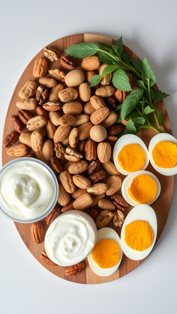 A wooden platter filled with hard-boiled eggs, mixed nuts, Greek yogurt, and fresh mint leaves.