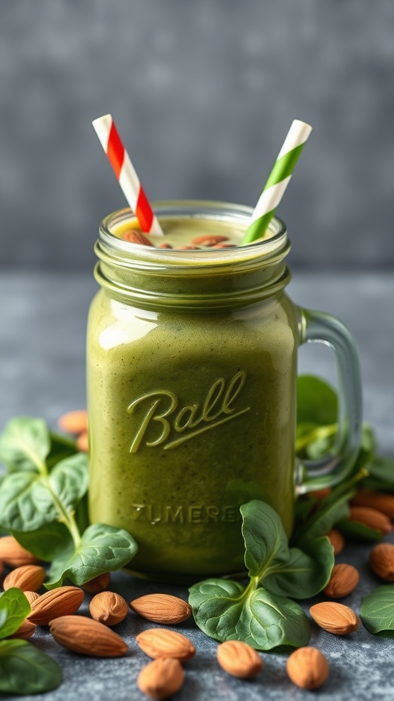 A green smoothie in a glass jar with almonds and spinach leaves around it.