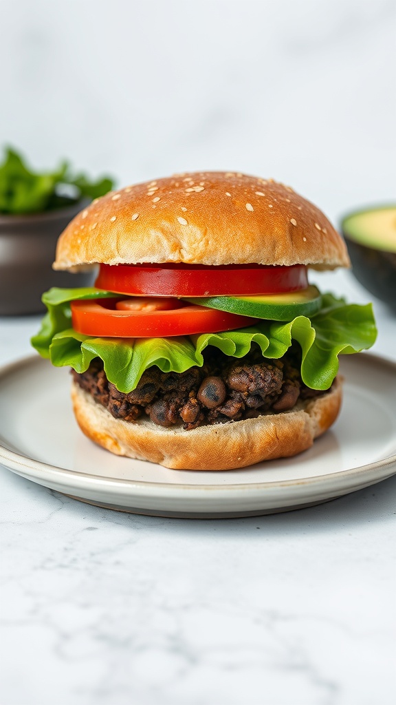 A delicious black bean burger topped with lettuce and tomato on a sesame seed bun.