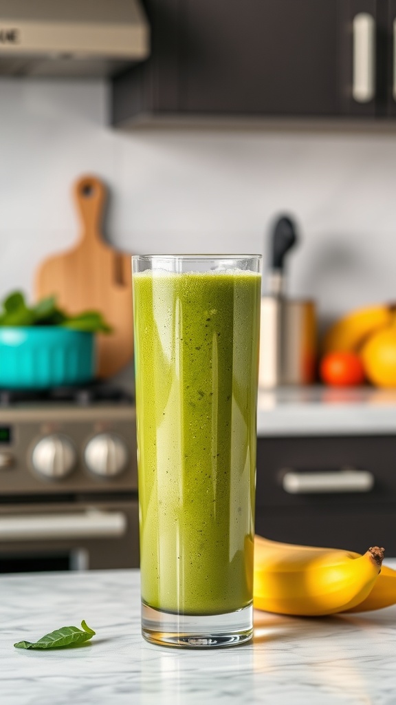 A green protein smoothie in a tall glass with bananas in the background