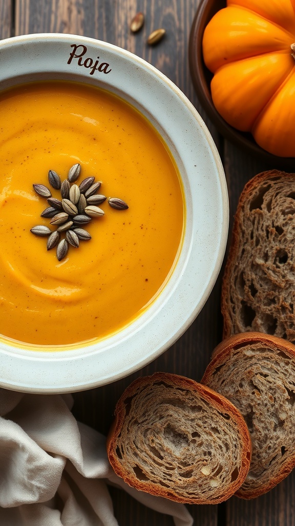 A bowl of creamy pumpkin soup topped with toasted seeds, accompanied by slices of bread.