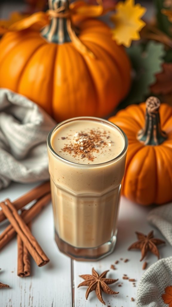 A creamy pumpkin spice smoothie garnished with cinnamon, surrounded by pumpkins and spices.