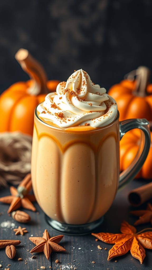 A Pumpkin Spice Smoothie topped with whipped cream and spices, surrounded by pumpkins and seasonal decorations.