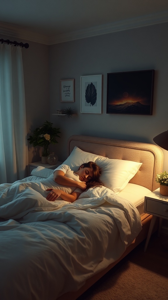 A person peacefully sleeping in a cozy bedroom, surrounded by soft bedding and warm light.