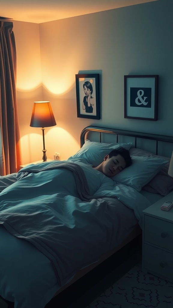 A peaceful bedroom scene with a person sleeping soundly, highlighting the importance of quality sleep for skin health.