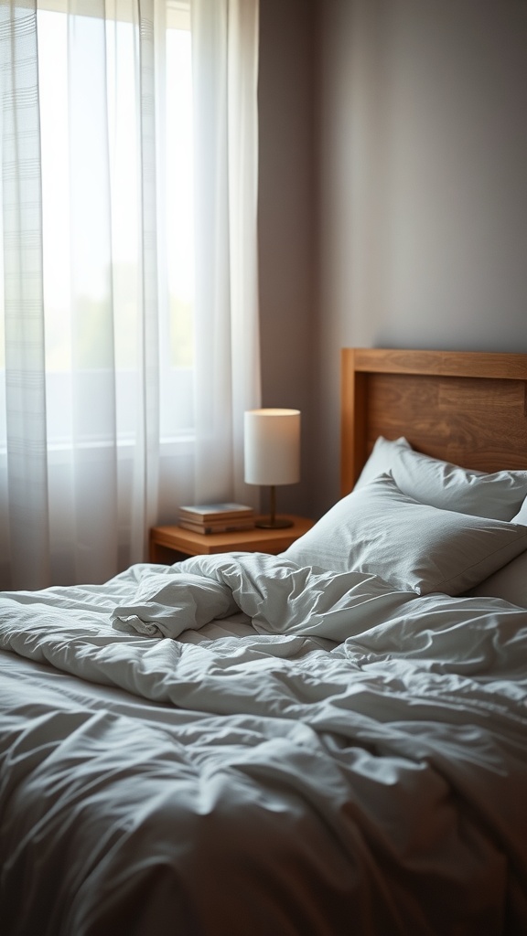 A cozy bedroom with soft bedding and natural light