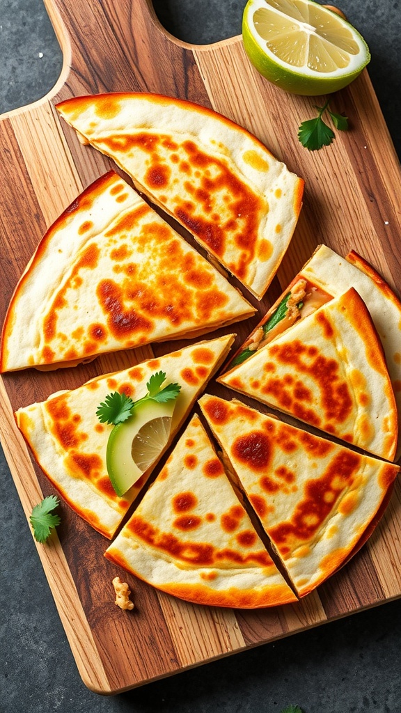 Delicious quesadillas with cheese and veggies sliced into wedges, served with lime and cilantro.