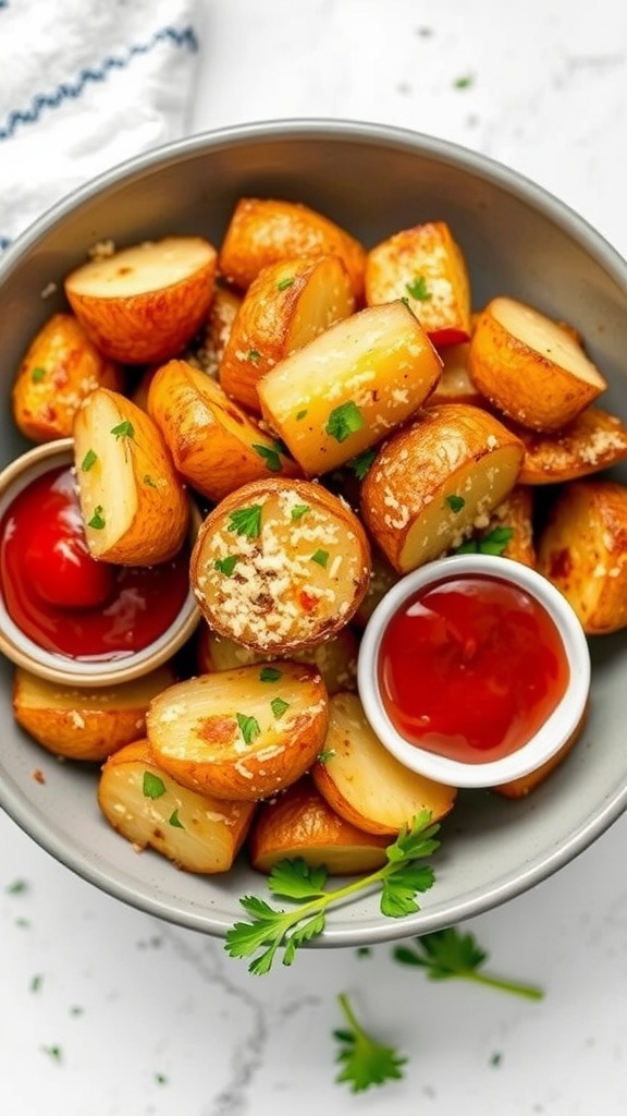 Crispy garlic parmesan potatoes served with dipping sauces.