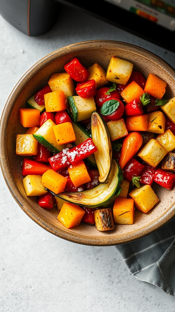 A colorful bowl of roasted vegetables including zucchini, bell peppers, and cherry tomatoes.