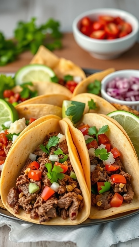 Quick and easy beef tacos with various fresh toppings.
