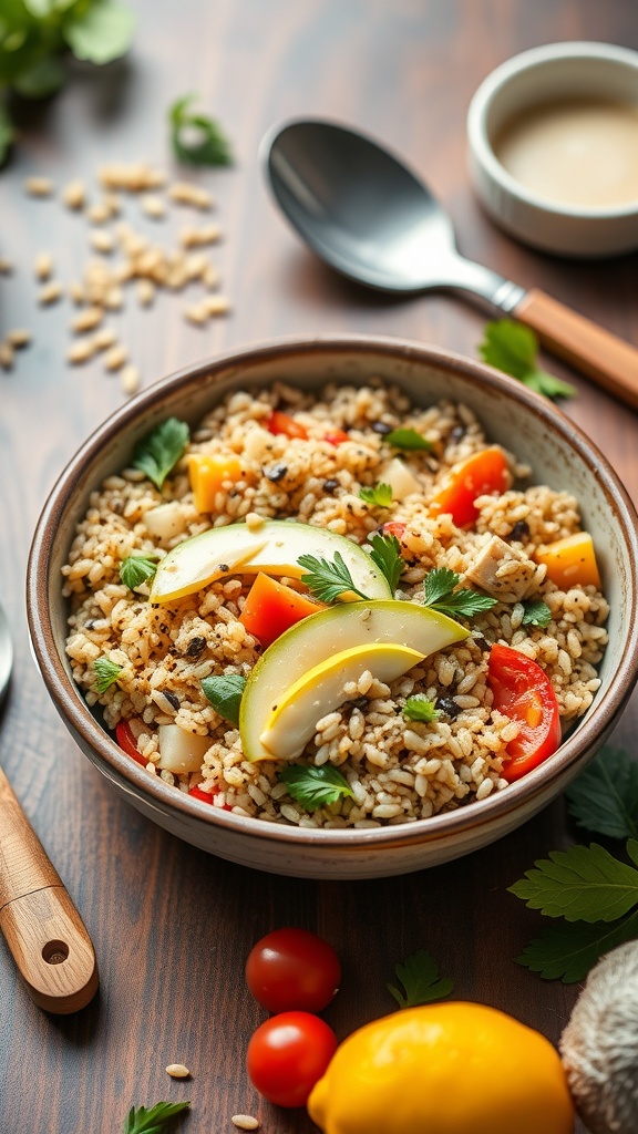 A bowl of colorful grain salad with vegetables and herbs, showcasing a healthy meal option.