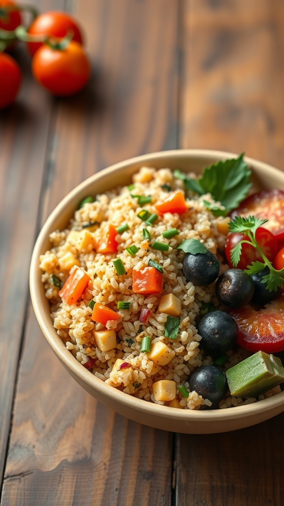 A colorful grain bowl featuring quinoa, diced vegetables, and herbs.