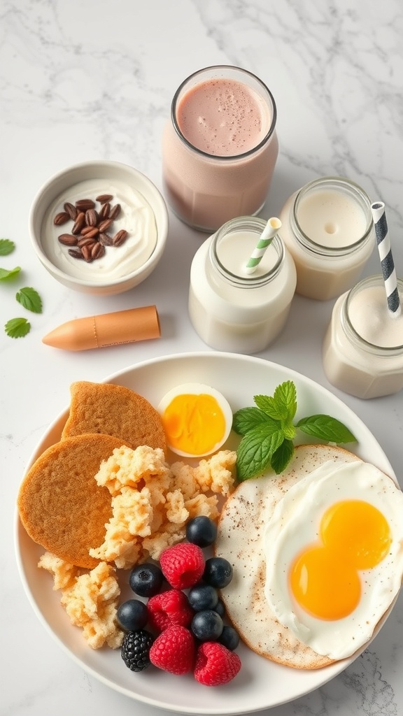 A high-protein breakfast plate with eggs, pancakes, mixed berries, and yogurt.