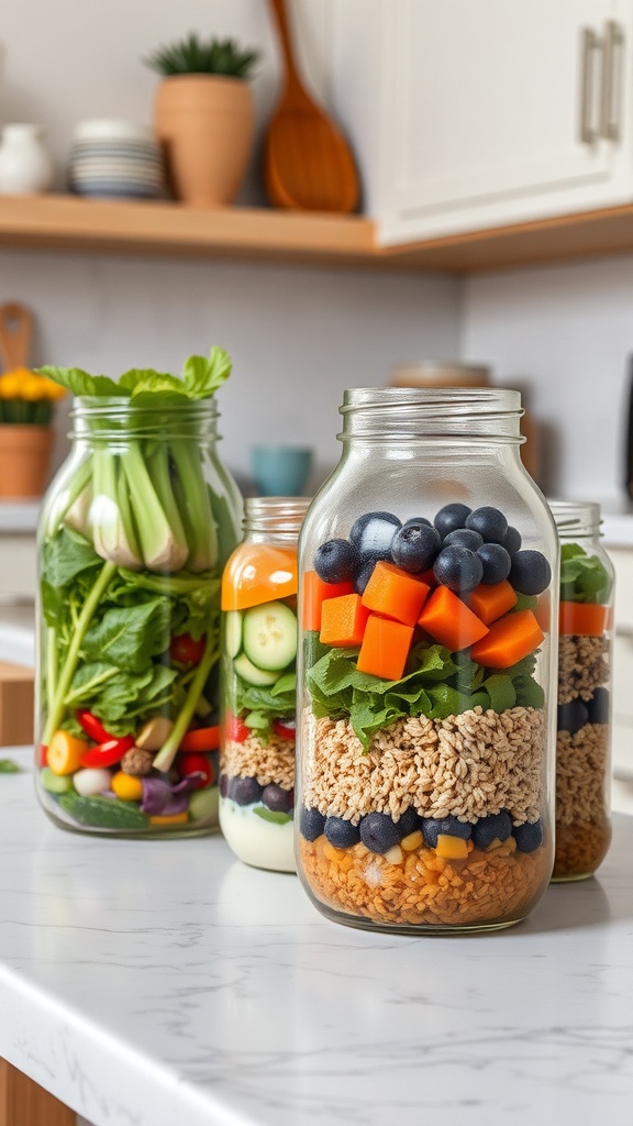 Colorful salad jars filled with layers of fresh vegetables, grains, and fruits on a kitchen counter.