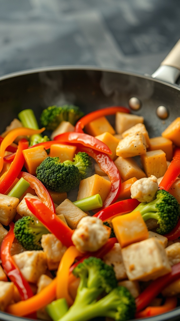 A colorful stir-fry with tofu and various vegetables in a skillet.