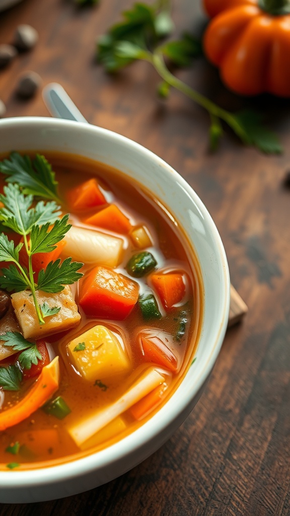 Bowl of vegetable soup with various colorful vegetables and fresh herbs.