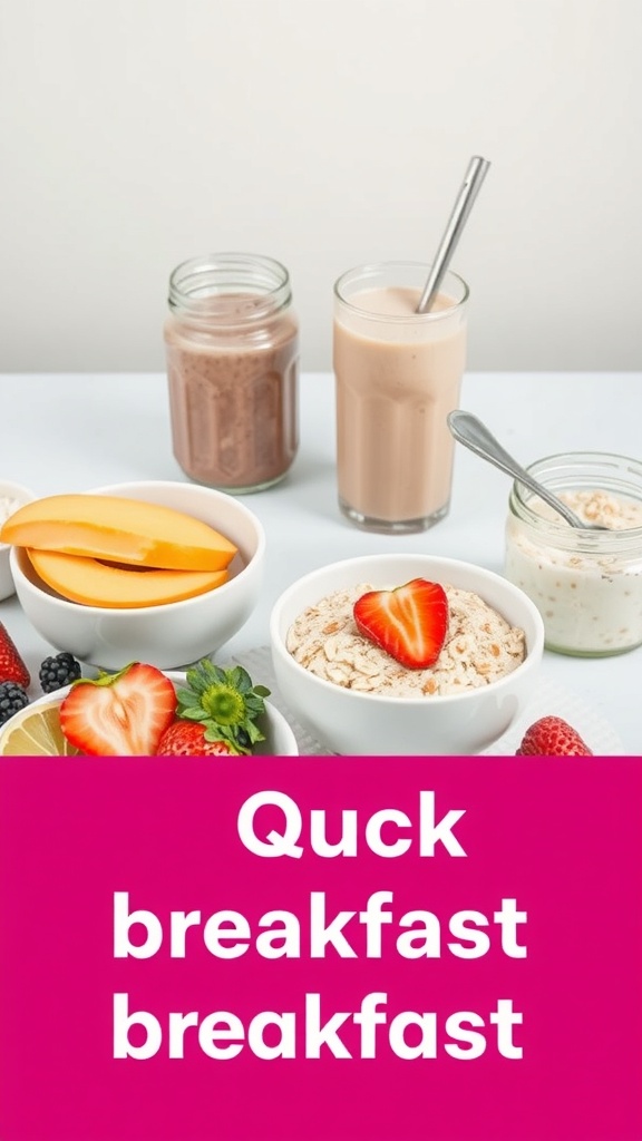 A variety of quick breakfast options including smoothies, oatmeal, and fresh fruit.