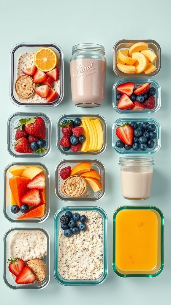 Meal prep containers filled with oats, fruits, and smoothies for quick breakfast ideas.