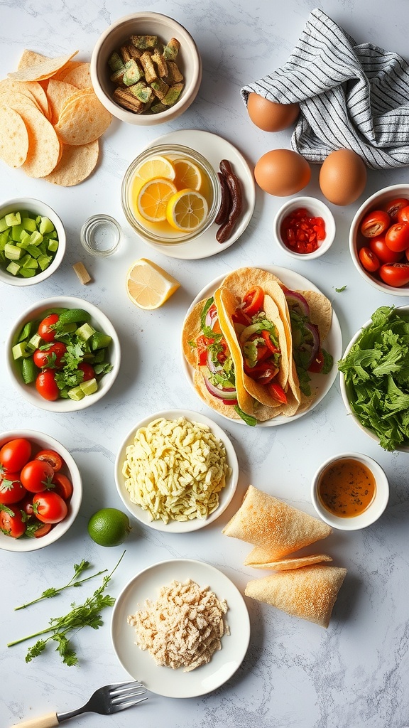 A variety of fresh ingredients for quick meal prep including tortillas, vegetables, and seasonings.