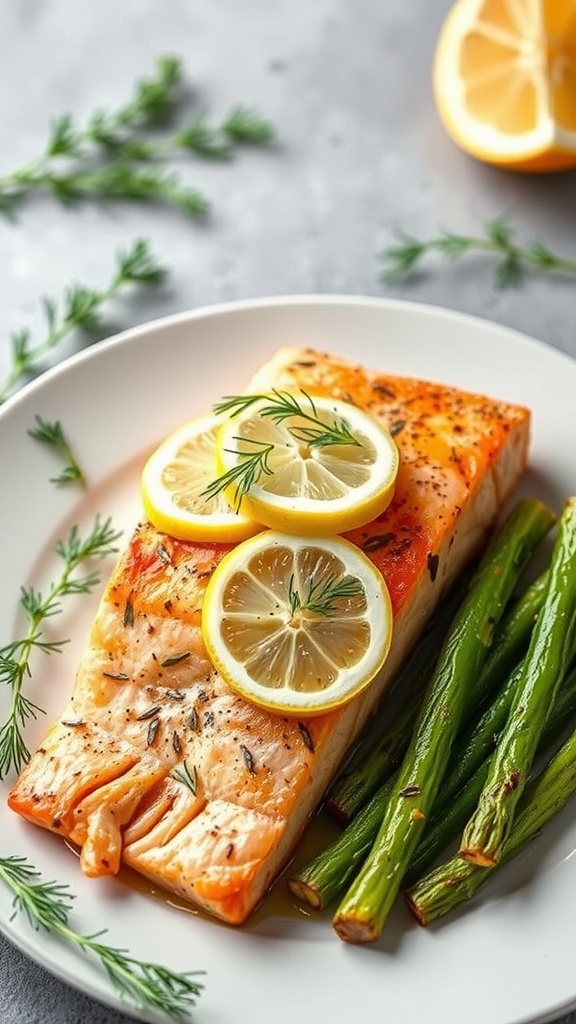 Baked salmon with dill and lemon served with asparagus