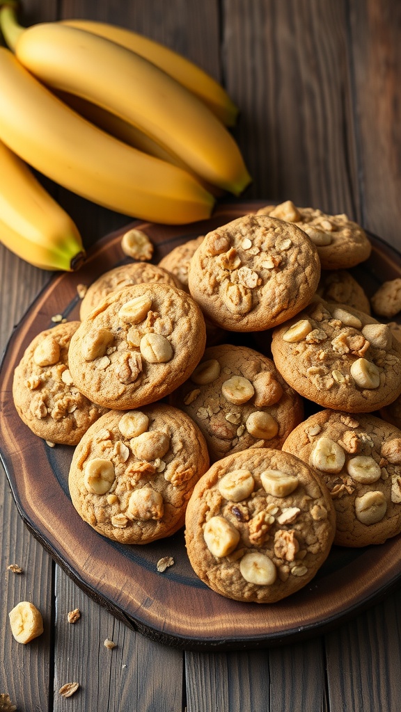 A plate of freshly baked banana oatmeal cookies with bananas in the background.