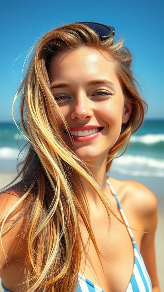 A woman smiling with long beach waves in her hair against the ocean backdrop.