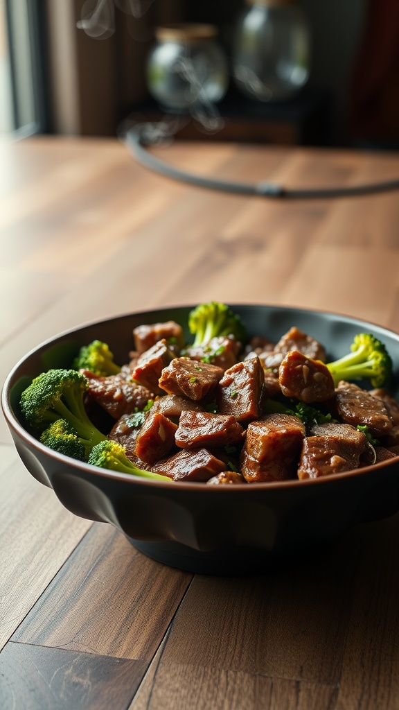 Bowl of beef and broccoli stir-fry on a wooden table.
