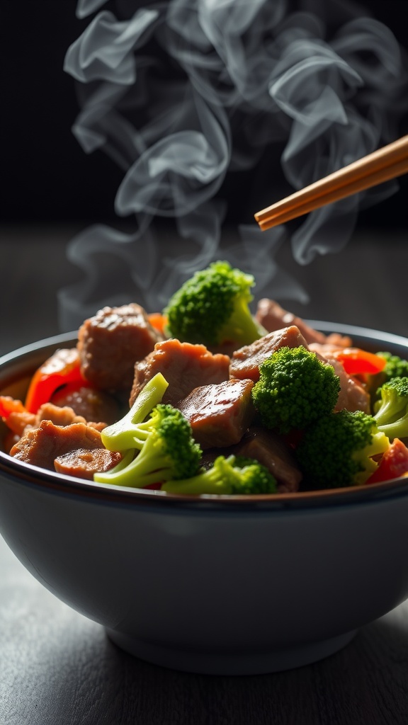 A steaming bowl of beef and broccoli with colorful vegetables, ready to be enjoyed.