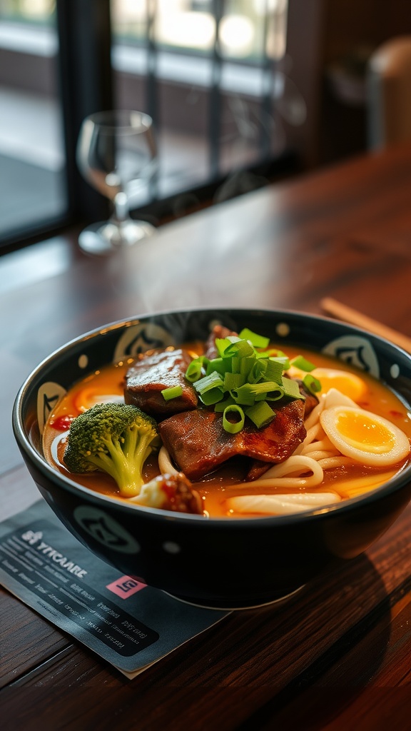 A bowl of beef and broccoli ramen with noodles, broccoli, and green onions.