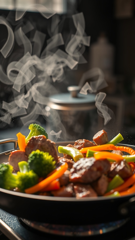 A delicious beef and broccoli stir-fry in a pan, showcasing vibrant vegetables and tender meat.