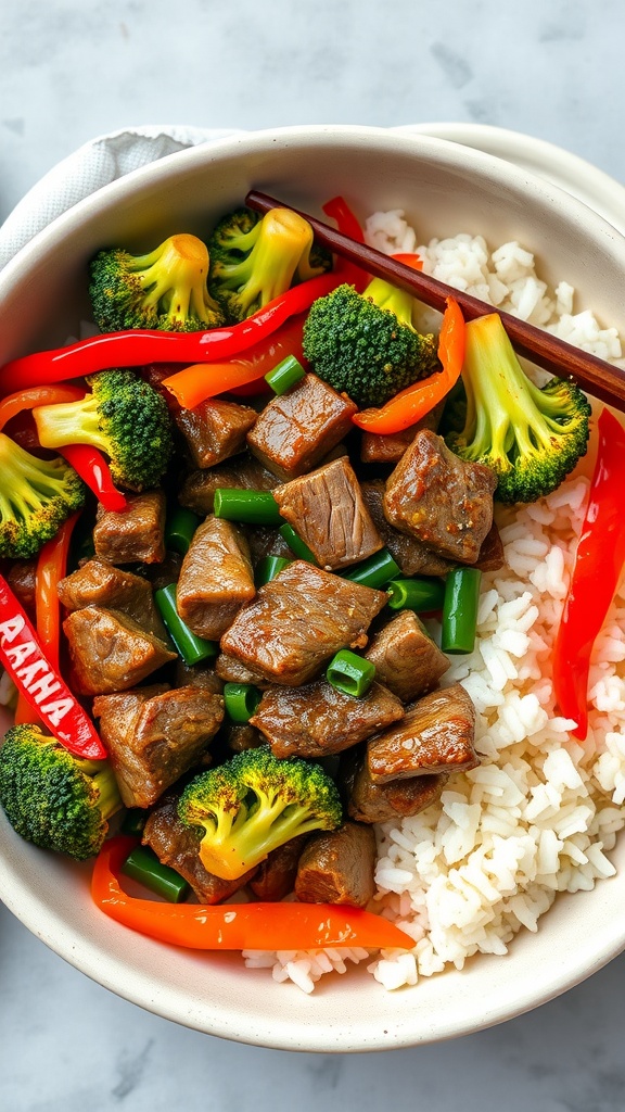 A bowl of beef stir-fry with broccoli and bell peppers served on rice.